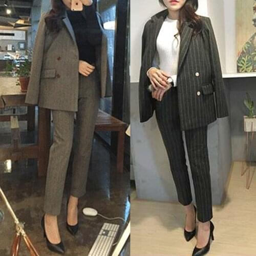 Set Autumn and winter new striped woolen casual slim suit fashion suit female woolen small suit professional OL suit two-piece