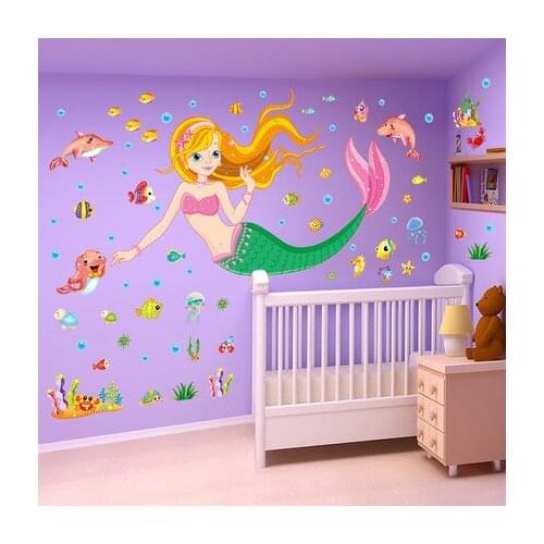 Sea Mermaid Wall Stickers Cartoon Kids Room Creative Wall Painting Kindergarten Wall Decoration Room Self-adhesive Wallpaper