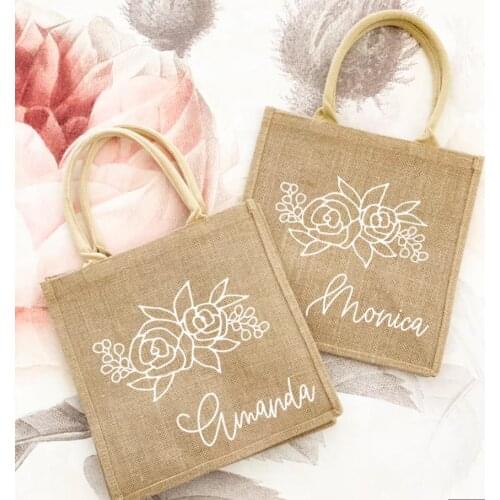 Personalized Beach Jute Tote Bag Reusable Shopping Storage Handbag Burlap Bag Custom Bridesmaid Gifts Flower Gril Bag