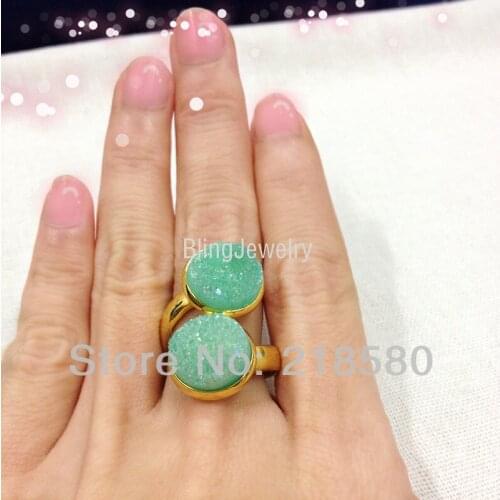 Titanium Howlite Double Druzy Ring Gold Bezel Ring RM13641