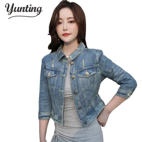 Autumn Womens Denim Cropped Jacket Female Pockets Hole Short Jean Ladies 2021 New Fashion Button Casual Solid Coats