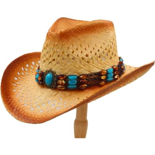 Women Men Straw Western Cowboy Hat With Punk Leather Band Lady Dad Beach Sun Sombrero Cowgirl Jazz Hat Size 58CM