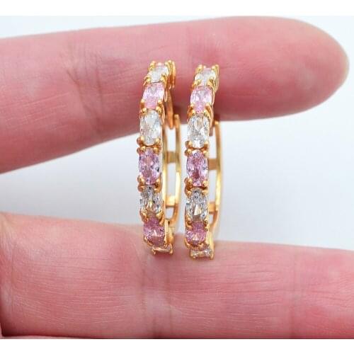 Gold Color Women Fashion Lovely Pink White Oval Cubic Zirconia CZ Huggie Hoop Earrings Jewelry