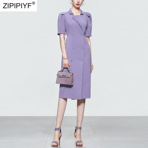 2021 Summer Runway Fashion Noble Euro Style Notched Neck Short Puff Sleeve High Waist Double Breasted Office Lady Dresses Z092