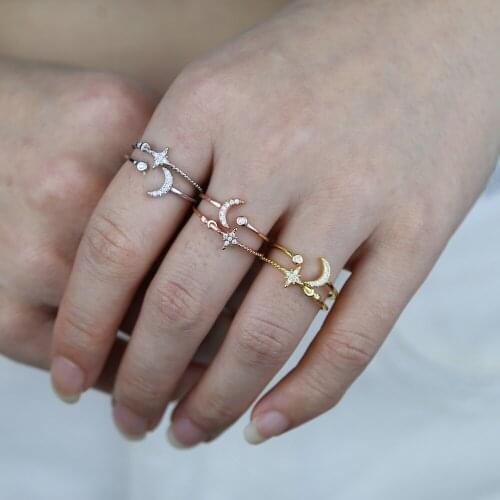 100% 925 Solid Real Sterling Silver Fine ring set Jewelry Moon Star CZ Cocktail Opening Ring Sizable For Women Girl Gift