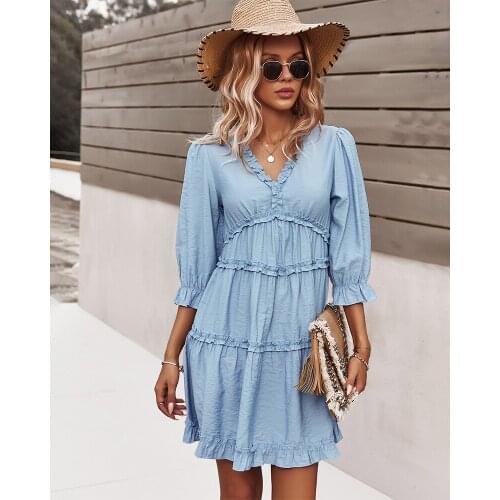 2021 Summer Dress V Neck Sexy Women Clothing High-waist Flared Sleeves Boho Style
