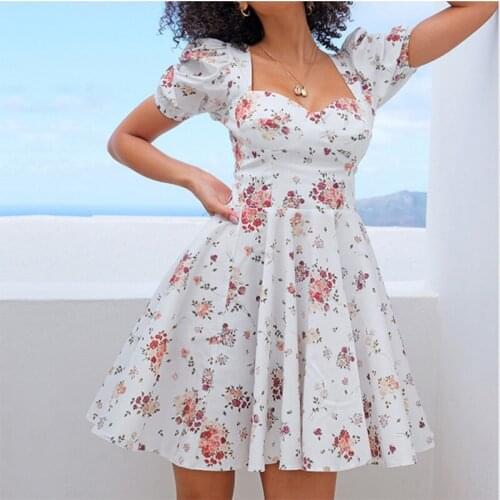 Puff Sleeve Women Print Mini Dress Sweet Square Collar Backless Female Pleated Dresses 2021 Summer ladies New Fashion Vestidos