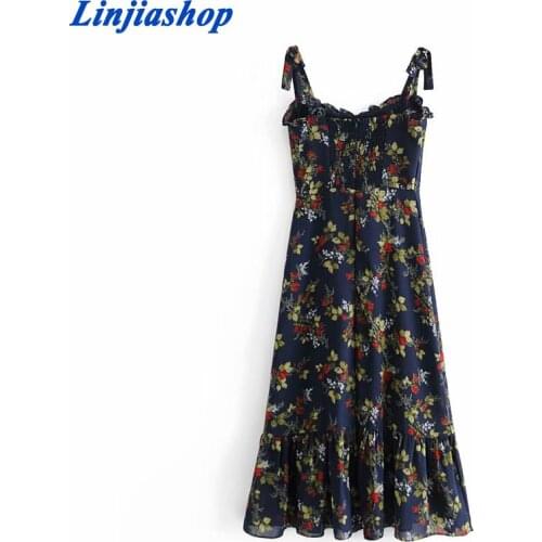 Elegant Tulips Print Spaghetti Strap Vestidos Retro Sleeveless Back Elastic Dresses Vintage Navy Midi Women Dress
