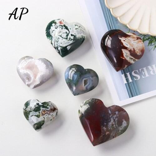 1PC Natural Crystal Moss Agate Love Heart Shaped Green Agate Crystal Cave Healing Stone Home Decoration