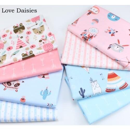 100% Cotton Twill Fabric BLUE PINK GRAY Indian Chief Bear Owl Tent Arrow Stripe Cactus Stripe for Handwork Kids Bedding Sheet