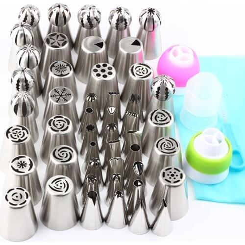 52PCS/Set Ball Shape Nozzles Icing Russian Piping Pastry Tips Stainless Steel 3 Coupler 1Pcs Pastry Bag 1 Brush Cake Decorating
