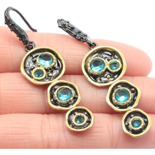 54x15mm Unique HipHop Gothic Jewelry Set Created Purple Amethyst Blue Aquamarine Cool Black Metal Silver Earrings Pendant HipHop