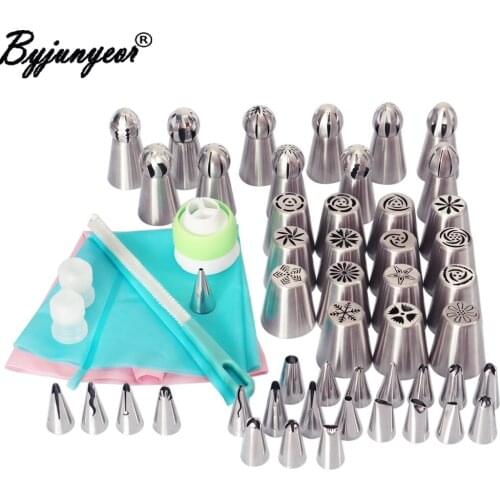 56pcs Russian Nozzles Silicone Bag Three-Color Coupler Icing Piping Tips Rose Flower Leaf Cupcake Cake Decorating CS112