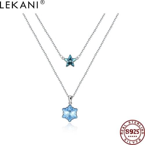 LEKANI 925 Sterling Silver Snowflake Star Double Chains Pendant Necklaces For Women Blue Austria Crystal Stackable Necklace Bset