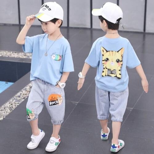 Children Boys Clothes Summer Clothes Cat Short-sleeved Tops Shorts Kid Baby Clothes T-shirt Children Sports Suit Two-piece Suit