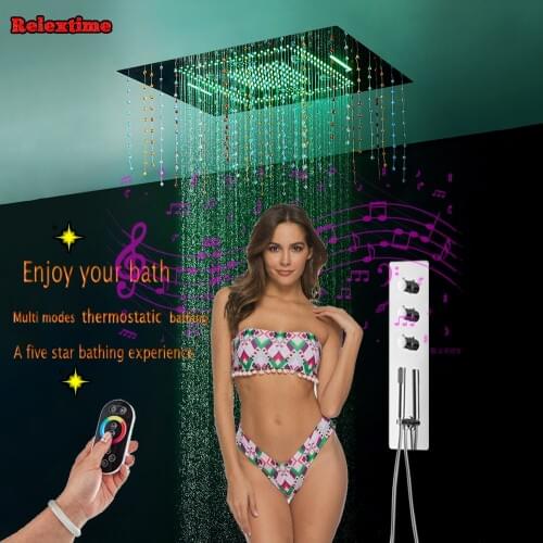 Crystal Pendant Bluetooth Music LED Ceiling Shower Head Concealed Thermostatic Shower Set Panel Faucet Tap Shower Speaker System