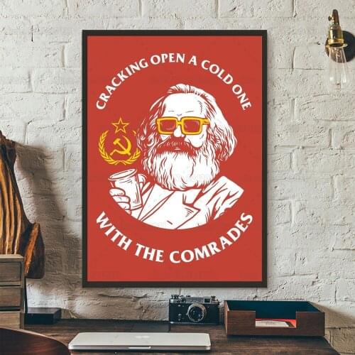 Karl Marx Cool Poster Crack Open A Cold One with The Comrades Fuuny Red Wall Decor Art