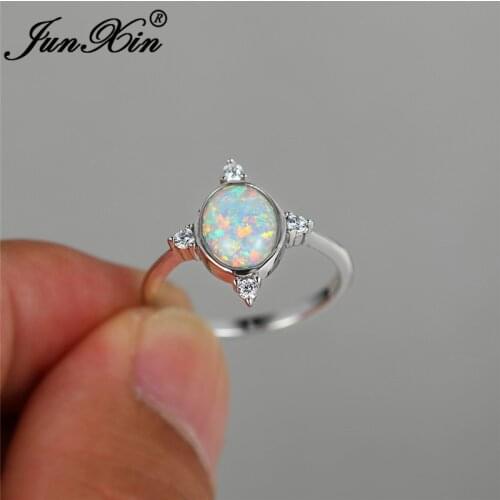 Oval White Fire Opal Rings For Women Silver Color Minimalist Thin Ring Band Dainty Rainbow Wedding Engagement Ring Jewelry