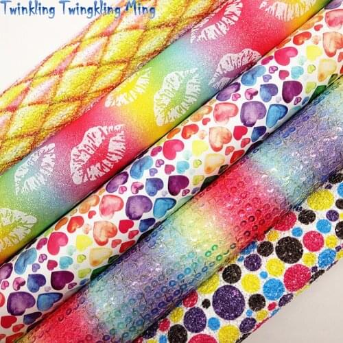 Mixed Colors Glitter leather, Rainbow Sequins Fabric, Hearts Dots Printed Faux leather For Bow A4 21x29CM Twinkling Ming KM207