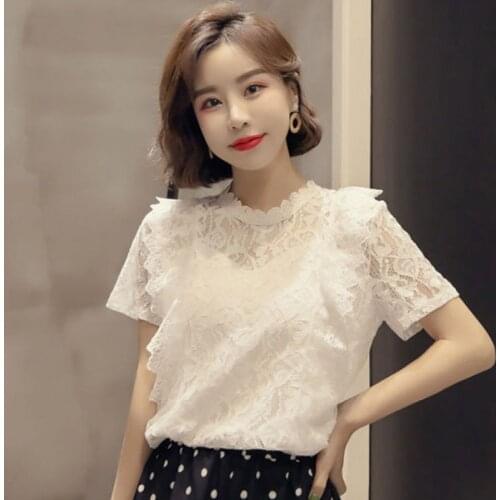 Lace Women Shirt Short Sleeve Summer Elegant O-Neck Korean Style Blouses Temperament Hollow Out Stylish Femme Blusas Tops MM0888