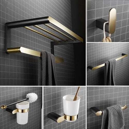 Black Gold Bathroom Hardware Accessory Series Soild Brass Towel Rack Paper/Toilet Brush Cups Holder Corner Shelf Soap Dish Hooks
