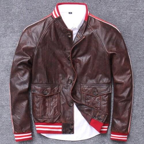 2020 Genuine Clothing Mens Drop Shoulder Baseball Leather Jacket Locomotive Serve Head Layer Cowhide Do