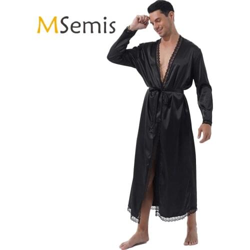 Mens Kimono Night-robe with Lace-Up Thongs Satin Belted Bathrobe Two-piece Lace Trim Long Sleeve Robe Sets Sissy Nightwear