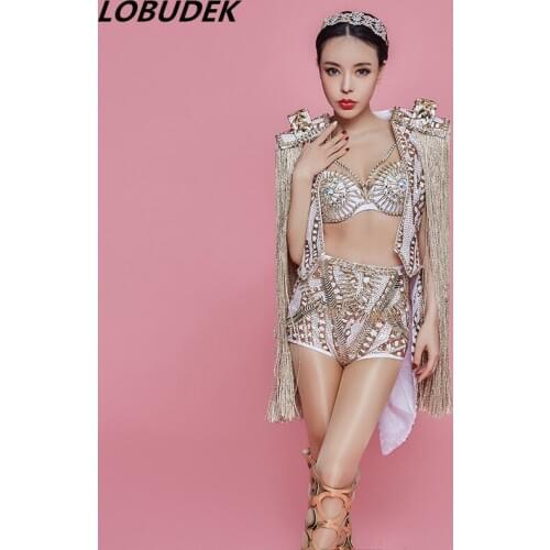 Nightclub Bar Women Singer Jazz DS Costume Dancer Star Vocal Concert performance outfit Models Catwalk Gold tassels 3 Piece sets