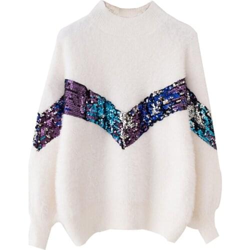 PERHAPS U Women Sweater Knitted Mohair Pullovers Puff Sleeve Bling White Sequined Turtleneck Geometric Loose Winter M0052