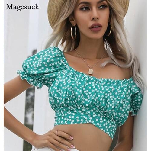 Sexy Super-Short Printed Chiffon Blouse Women 2021 Square Collar Puff Short Sleeve Summer Shirt Woman Fashion Female Tops 14628