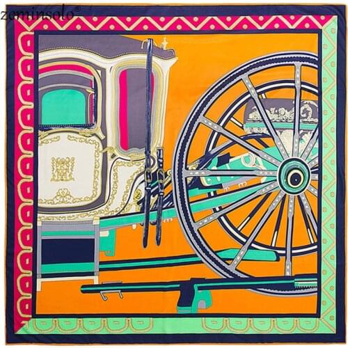 130*130cm 2020 Luxury Brand Twill Silk Scarf Bandana Carriage Printing Scarves For Women Headband Large Square Scarves Shawls