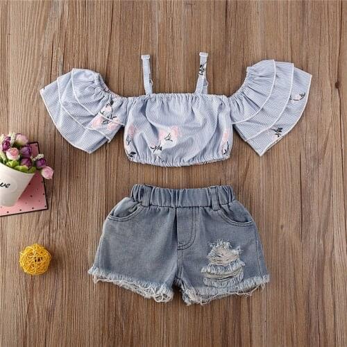 2020 New Brand 2PCS Baby Girl Kids Flower Off Shoulder Ruffle Crop Tops + Denim Short Pants Summer Girl Outfit Clothes