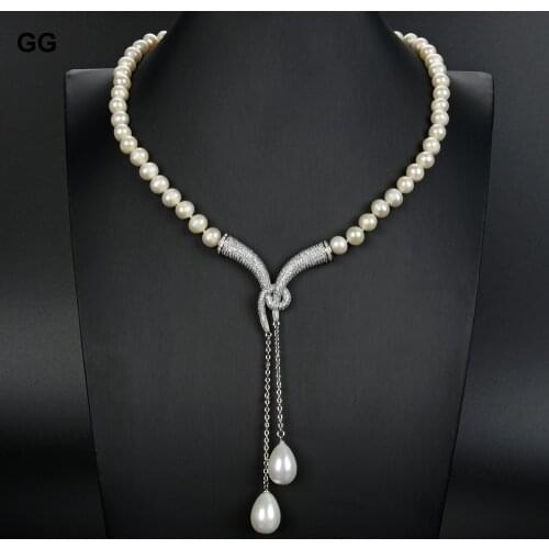 GuaiGuai Jewelry 20" Cultured White Pearl Necklace White Sea Shell Pearl cz pave Pendant