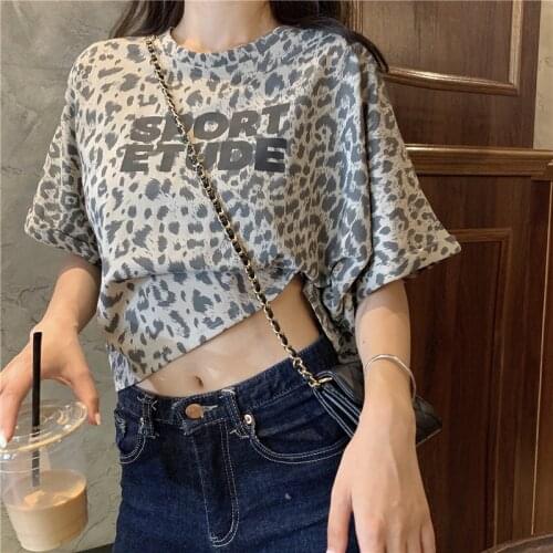 Women T-Shirt Summer 2021 Fashion Short Sleeve Loose Tee O-Neck Crop Tops Female Printed Leopard Print Streetwear Gothic T-Shirt