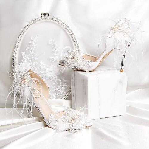 2021 New White Satin Silk Womens Sandals Hollow Out Diamond Feather High Heels Thin Heel Wedding Dress Shoes Woman Handmade