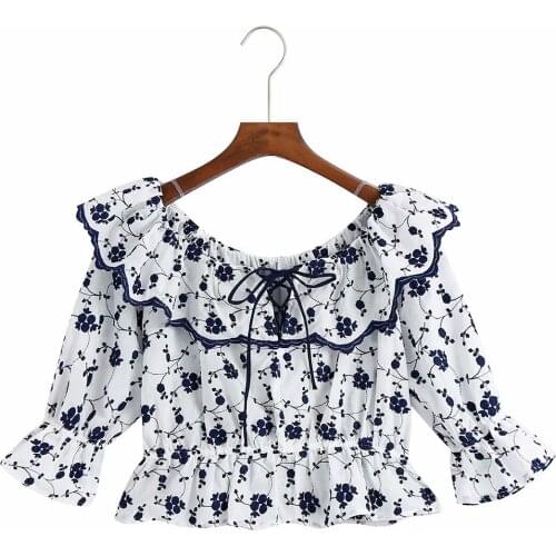 Women Tops Summer Embroidery Floral Elastic Waist Drawstring Shirt Casual Fashion Chic Blouse Mujer Blusas Camisas 2021