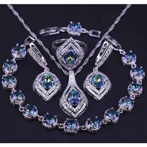 Pretty Gift Silver Color Jewelry Earrings Ring Necklace Set For Women Rainbow egg square Jewellry set Gift Box