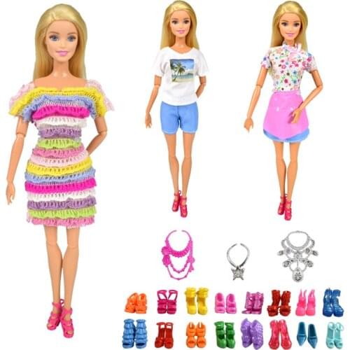 9 Item/Set Doll Accessories=3 Pcs Casual Dress Clothes + 3 Plastic Necklace + Random 3 Pairs Shoes for Doll Accessories Girl Toy