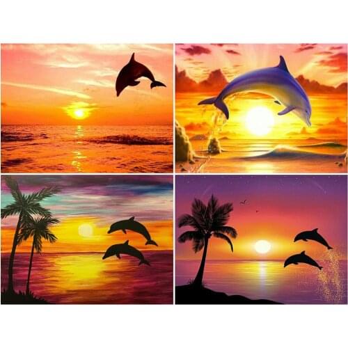 KAMY YI Animal Dolphin Sunset Seaside Diamond Painting Cross Stitch 5D Diy Embroidery Full Diamond Mosaic Home Decoration