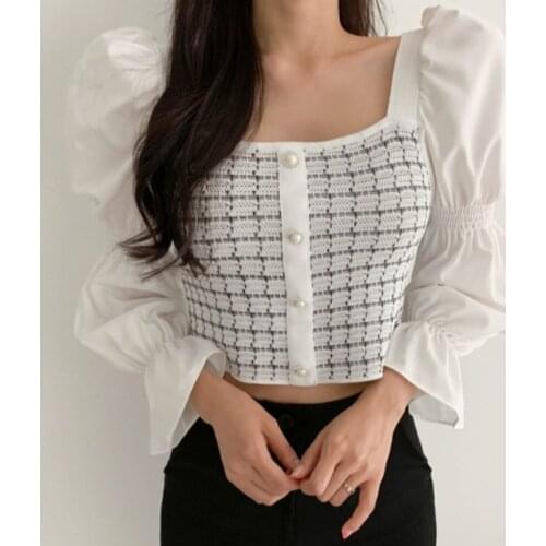 Sexy Square Collar Slim Fit Women Blouse 020 Flare Sleeve Chic French Style Retro Knitted Patchwork Shirt Femme Blusas