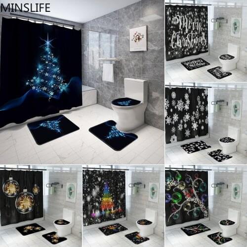 Black Christmas Trees Print Shower Curtain Cover Toilet Cover Bath Mat Pad Set Bathroom Curtain with 12 Hooks Holiday Decoration