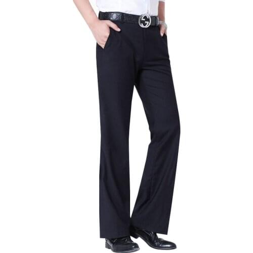 Men Flared Boot Cut Trousers No Ironing Required Elasticity Business Casual Office Dark Blue Slim Bottom Formal Suit Pants