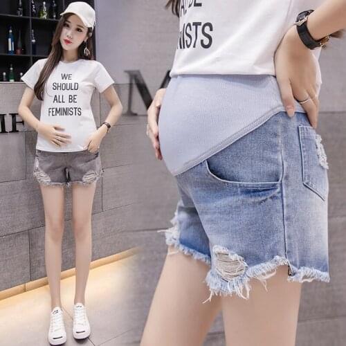 Pregnant Women Hole Denim Shorts Maternity Pants Summer New Casual Loose Straight Pregnant Women High Waist Fashion Cotton Jeans