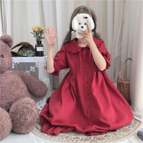 Cute Dresses For Women Japanese Style Baby Collar Slim Waist Short Sleeve Pleated Dresses Summer Lovely Red Dresses Female