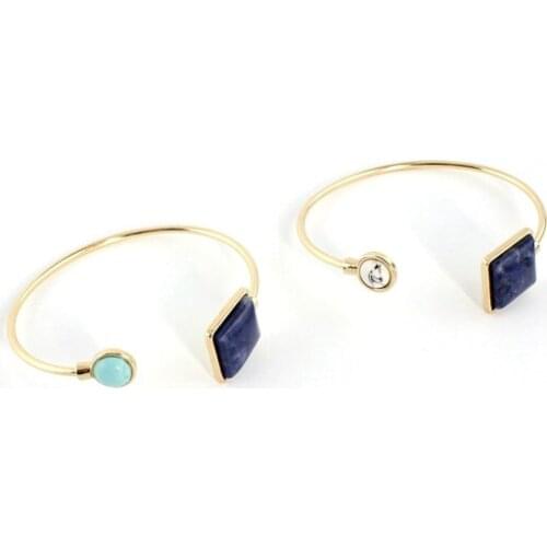 Fashion Square Blue Marble Stone with Small Cute White and Blue Marble Stone Open Cuff Bangle Bracelet for Women