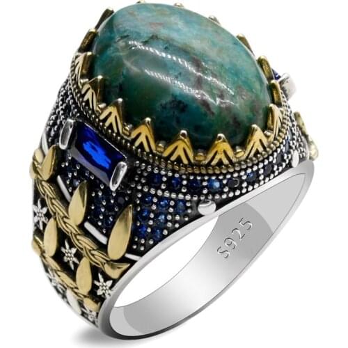 Oval Natural Phoenix Stone Ring 925 Silver Mens Ring TurkishTrend Punk Style Fashion Auspicious Vintage Wedding Ring Jewelry