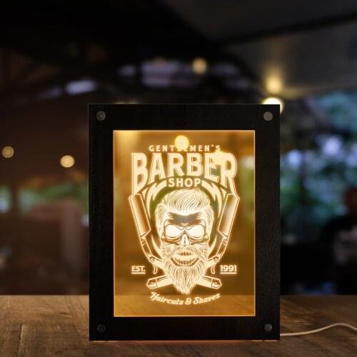 Custom Barber Shop Name Optical illusion Table Night Light Mens Haircuts and shaves Salon Decorative Lighting Hairdresser Gift