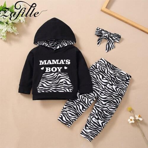 ZAFILLE Zebra Striped Baby Boy Outfits New 2021 Hooded Hoodies+Pants+Headband Winter Baby Boy Clothes Newborn Toddler Kids Set