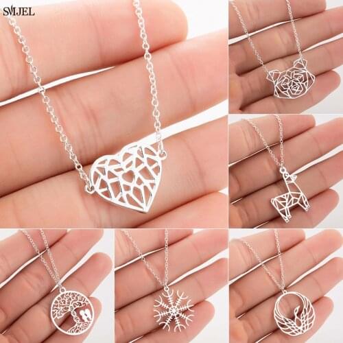 Rose Gold Color Origami Heart Necklaces & Pendants Women Bohemian Jewelry Stainless Steel Dog Tree Bird Chocker Bridesmaid Gifts