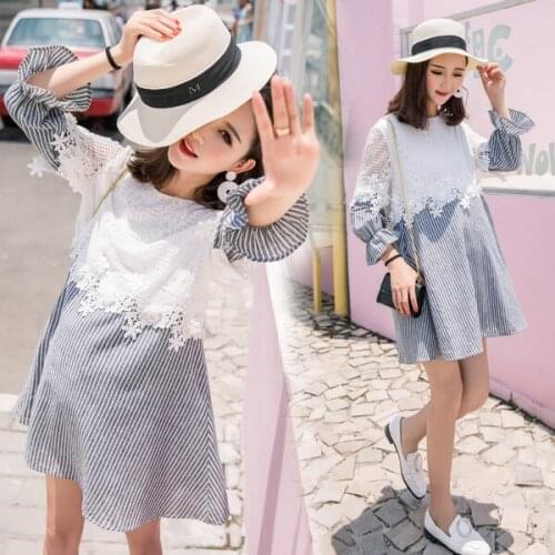 1266# Maternity Dress Spring Autumn Cotton Stripe Patchwork Long Sleeves Loose Stylish Dress Pregnant Women Mom Dress